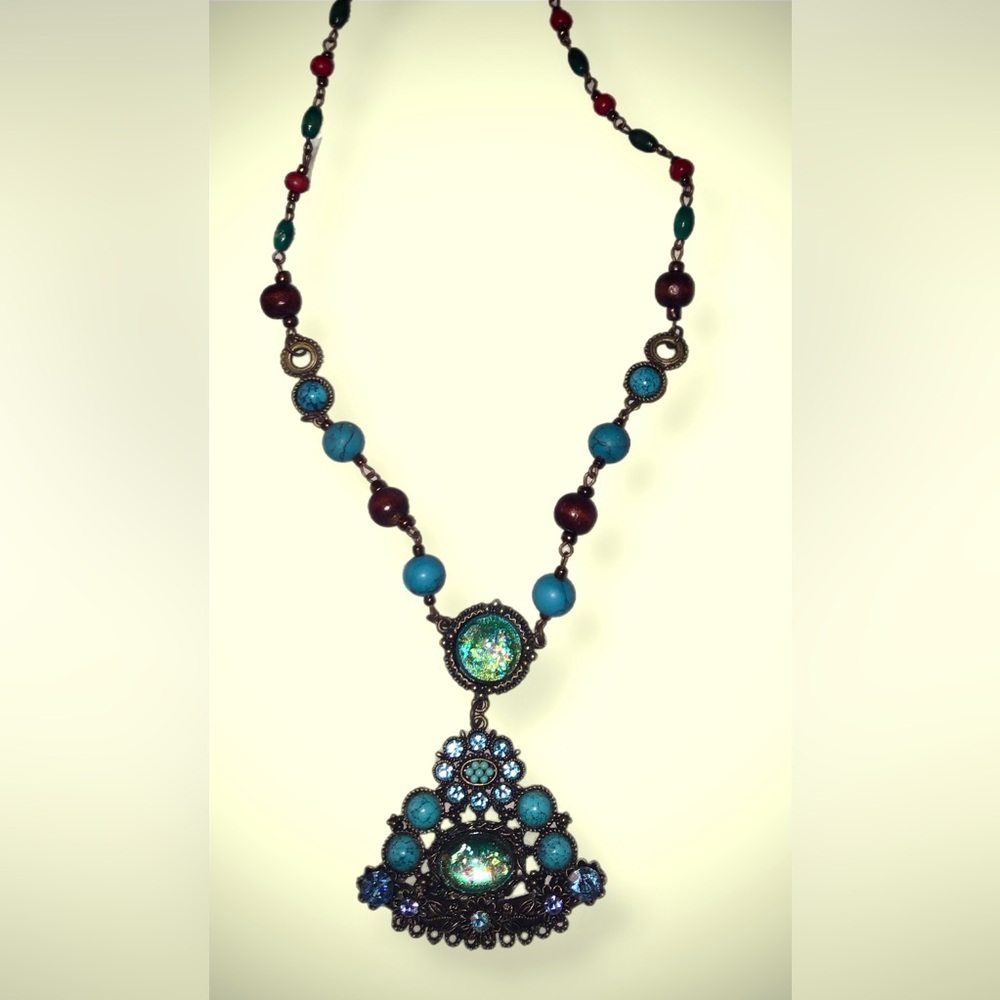 Vintage Turquoise Pendant Medallion Set in bronze Tone Ornate
